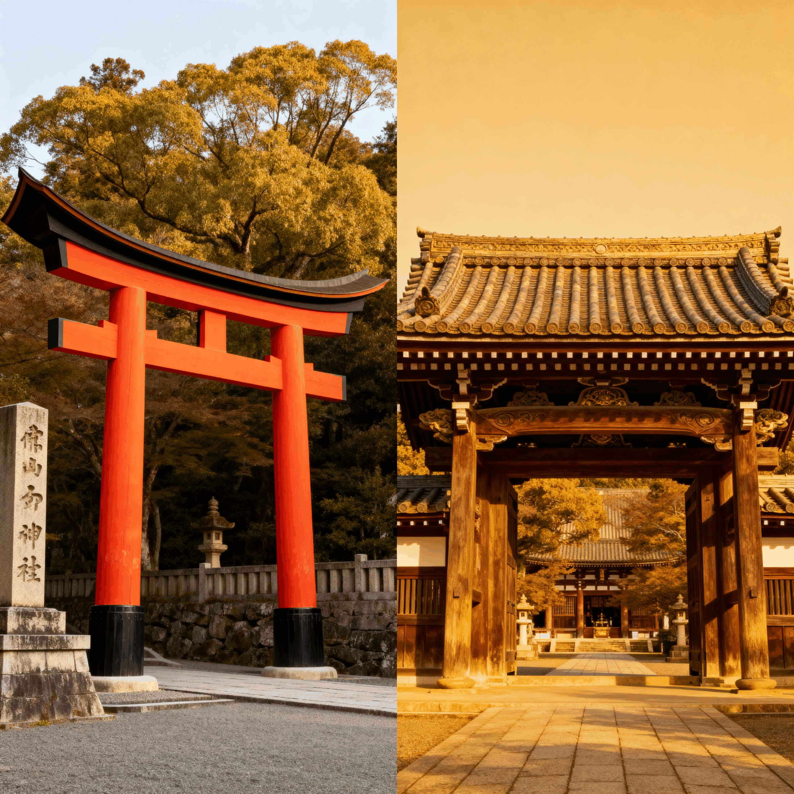 Image showing a Torii gate vs. a Buddhist Temple gate side-by-side