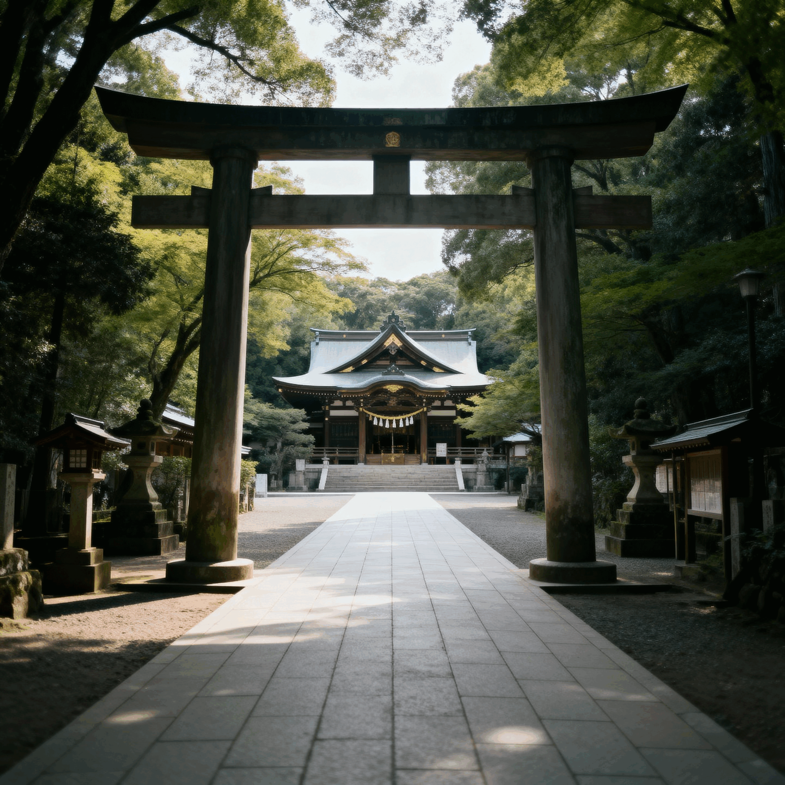 The "Sando" (approach path) stretching straight from the torii gate toward the main shrine