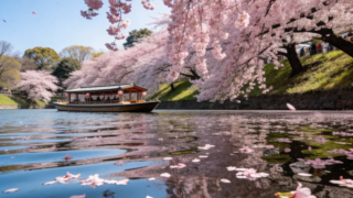 A breathtaking daytime landscape photography shot of Chidorigafuchi Moat in Tokyo during full bloom. Massive cherry blossom trees (Sakura) hanging over the water with pink petals floating. Traditional Japanese boat in the water. Clear blue spring sky, soft sunlight. High resolution, realistic style.
