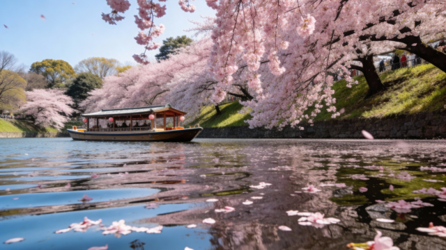 A breathtaking daytime landscape photography shot of Chidorigafuchi Moat in Tokyo during full bloom. Massive cherry blossom trees (Sakura) hanging over the water with pink petals floating. Traditional Japanese boat in the water. Clear blue spring sky, soft sunlight. High resolution, realistic style.