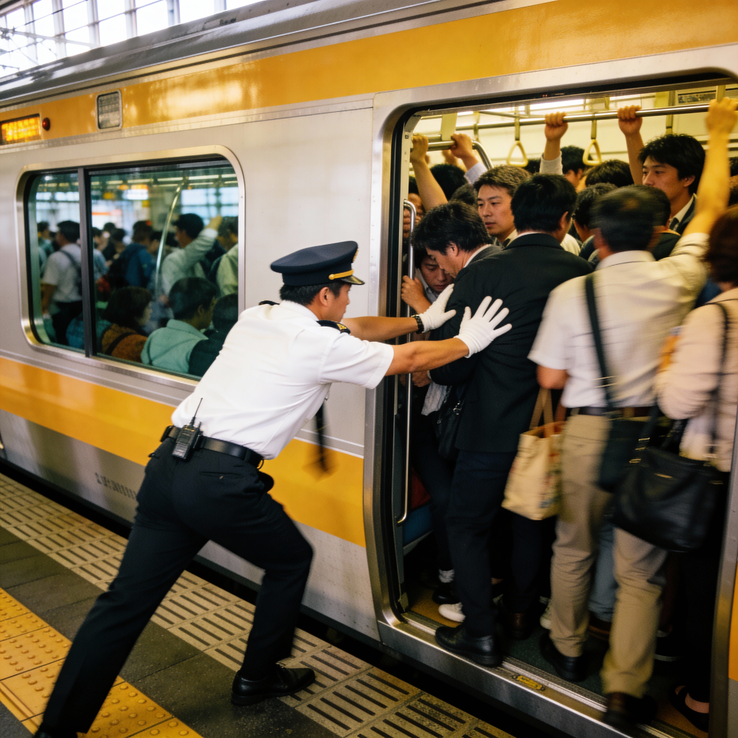 A dramatic photograph of the Tokyo morning train rush hour. A white-gloved station attendant is forcefully pushing commuters into a packed train carriage so the doors can close. People are squeezed tightly inside. The platform is crowded. High energy, chaotic atmosphere.
