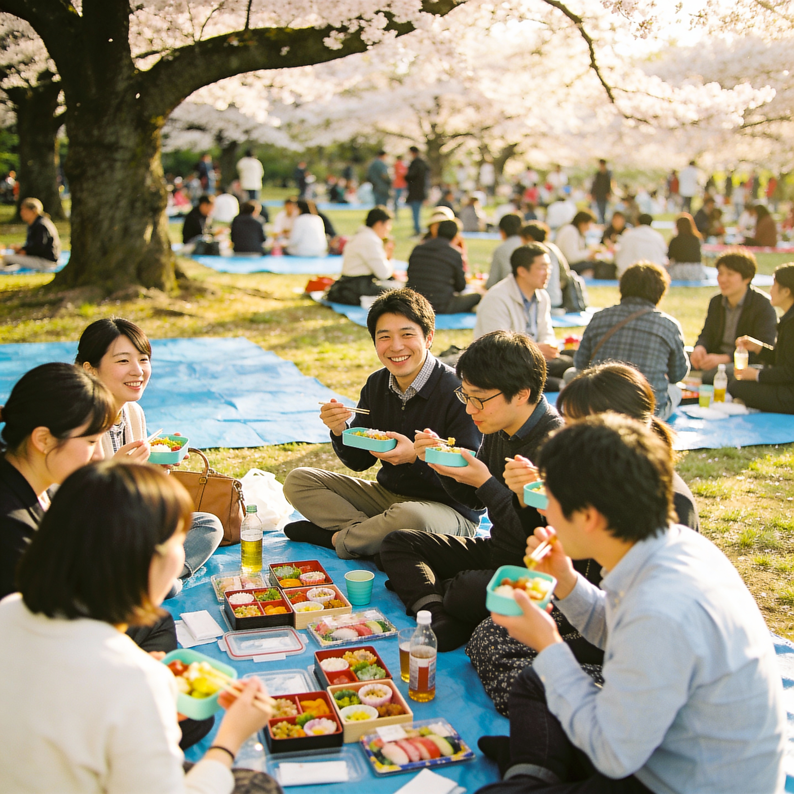 A lively outdoor photography shot of a "Hanami" party in a Japanese park. Many blue tarps are spread out under blooming cherry blossom trees. Groups of friends and families are sitting together, eating colorful bento boxes and drinking. Cheerful, social atmosphere, authentic Japanese culture scene.