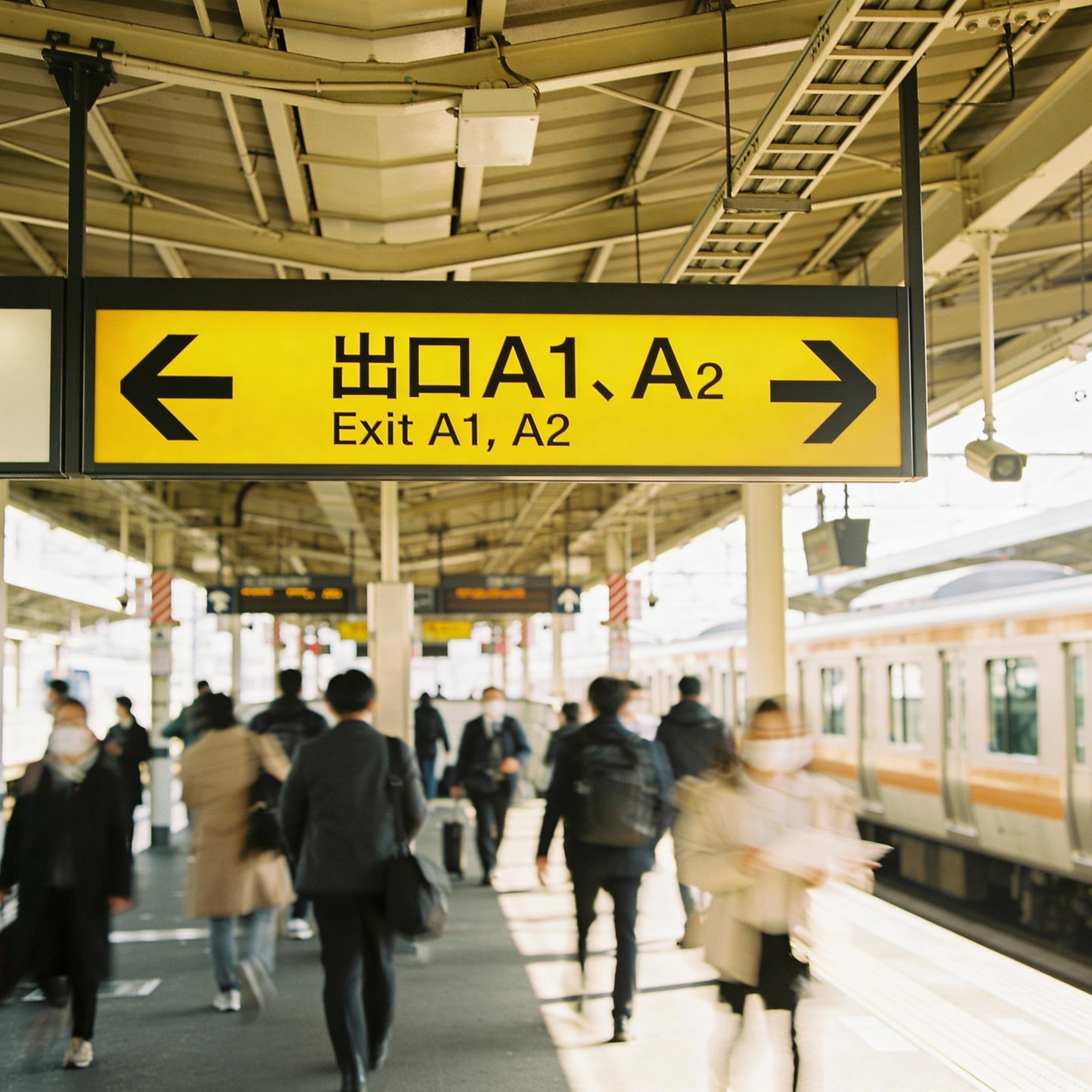 A photograph inside a busy Tokyo train station platform. Hanging from the ceiling is a prominent yellow sign with black text in Japanese and English reading "Exit A1, A2" and directional arrows. People are walking underneath it. The yellow sign is the focal point of the image.