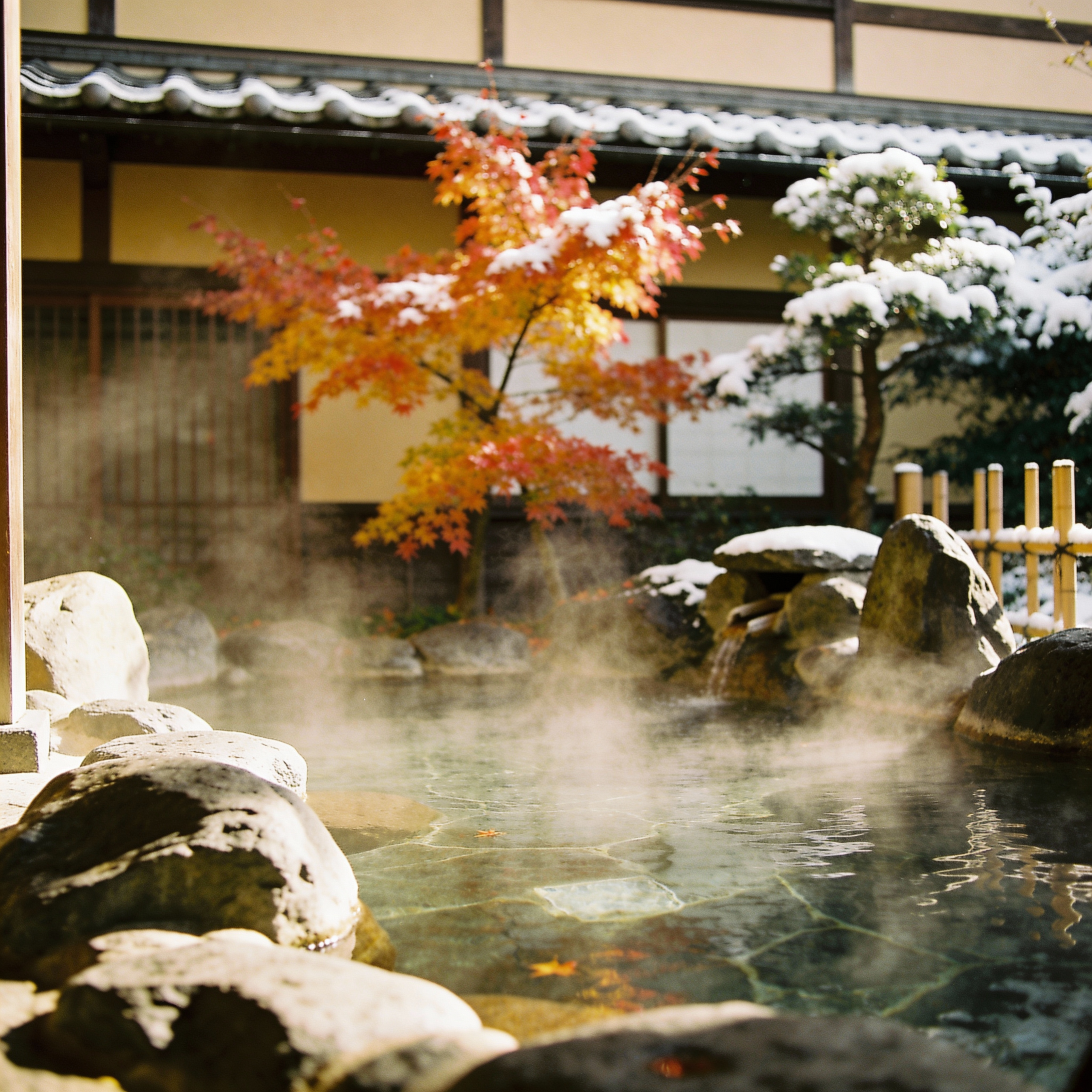 A serene landscape photograph of a Japanese open-air hot spring bath (Rotenburo) at a Ryokan. Steam rises from the water. The bath is surrounded by natural rocks and beautiful autumn foliage (maple trees) or snow-covered trees. No people in the shot, peaceful atmosphere.