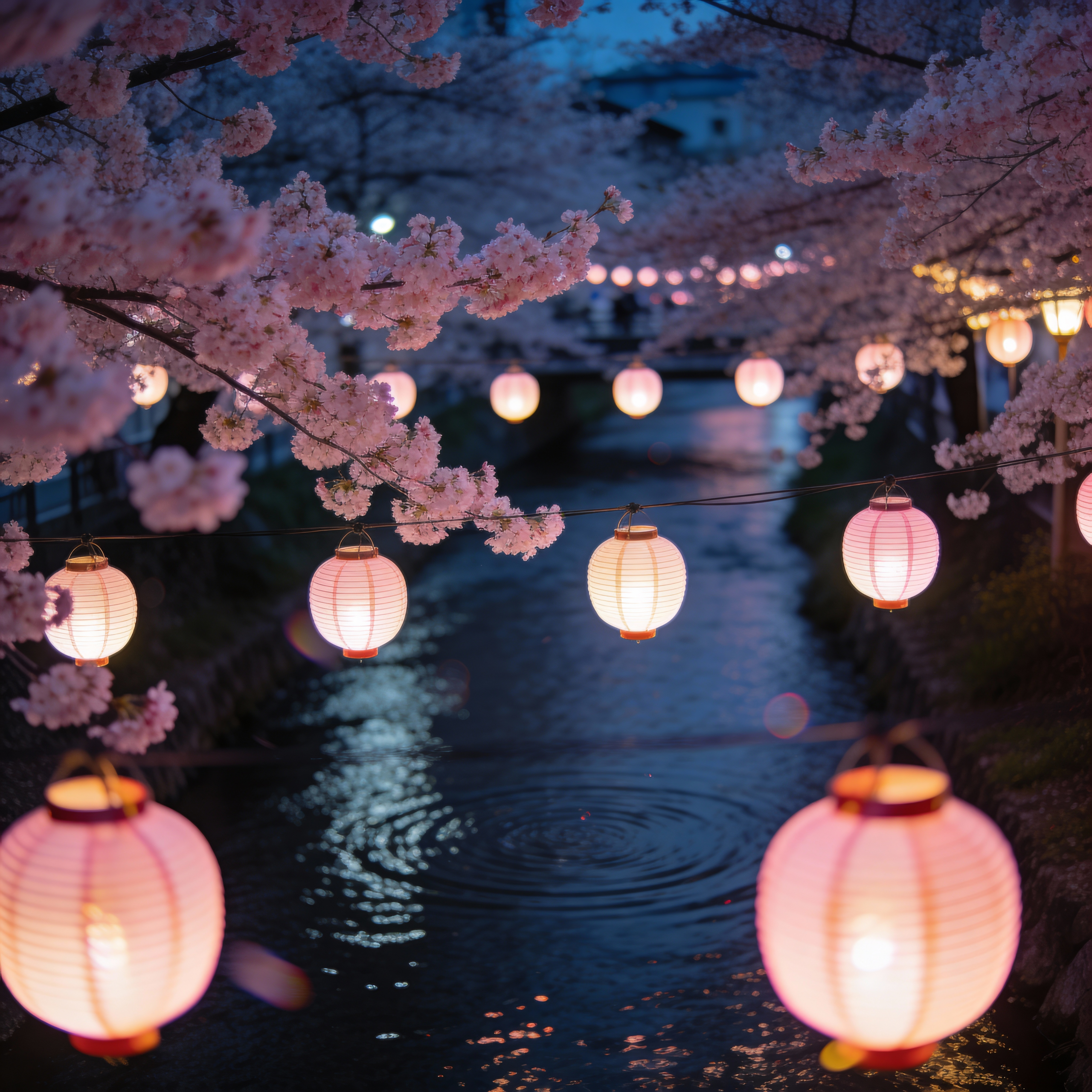 A stunning night photography shot of "Yozakura" (night cherry blossoms) along a river in Japan. The pink blossoms are illuminated by traditional paper lanterns (chochin) and soft LED lights. The lights reflect on the dark water surface. Romantic, magical, and dream-like atmosphere. 8k resolution, cinematic lighting.