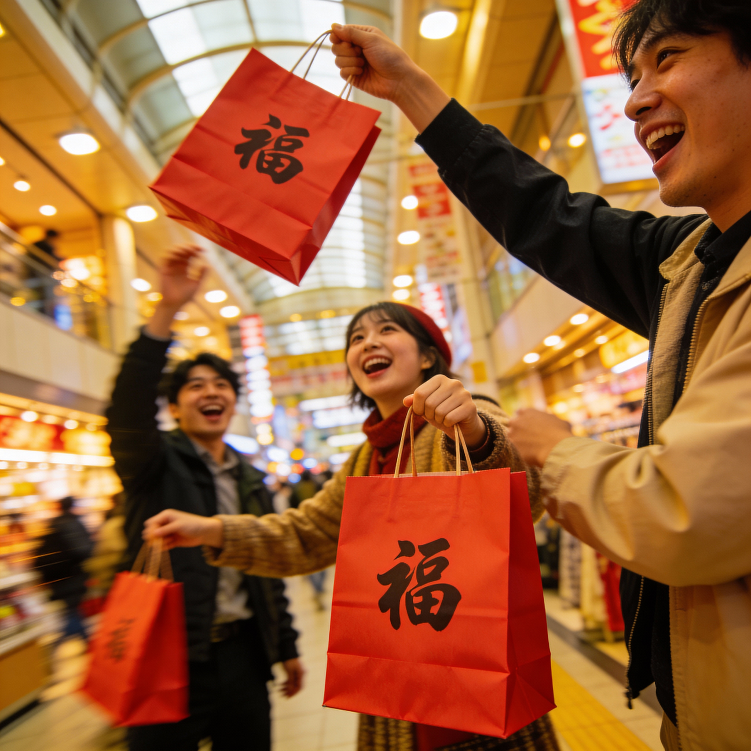 A vibrant shopping scene in Japan. A pile of red paper shopping bags labeled with the Japanese Kanji character "福" (Fuku/Luck). Excited shoppers are holding the bags. Department store background. Colorful and energetic style.