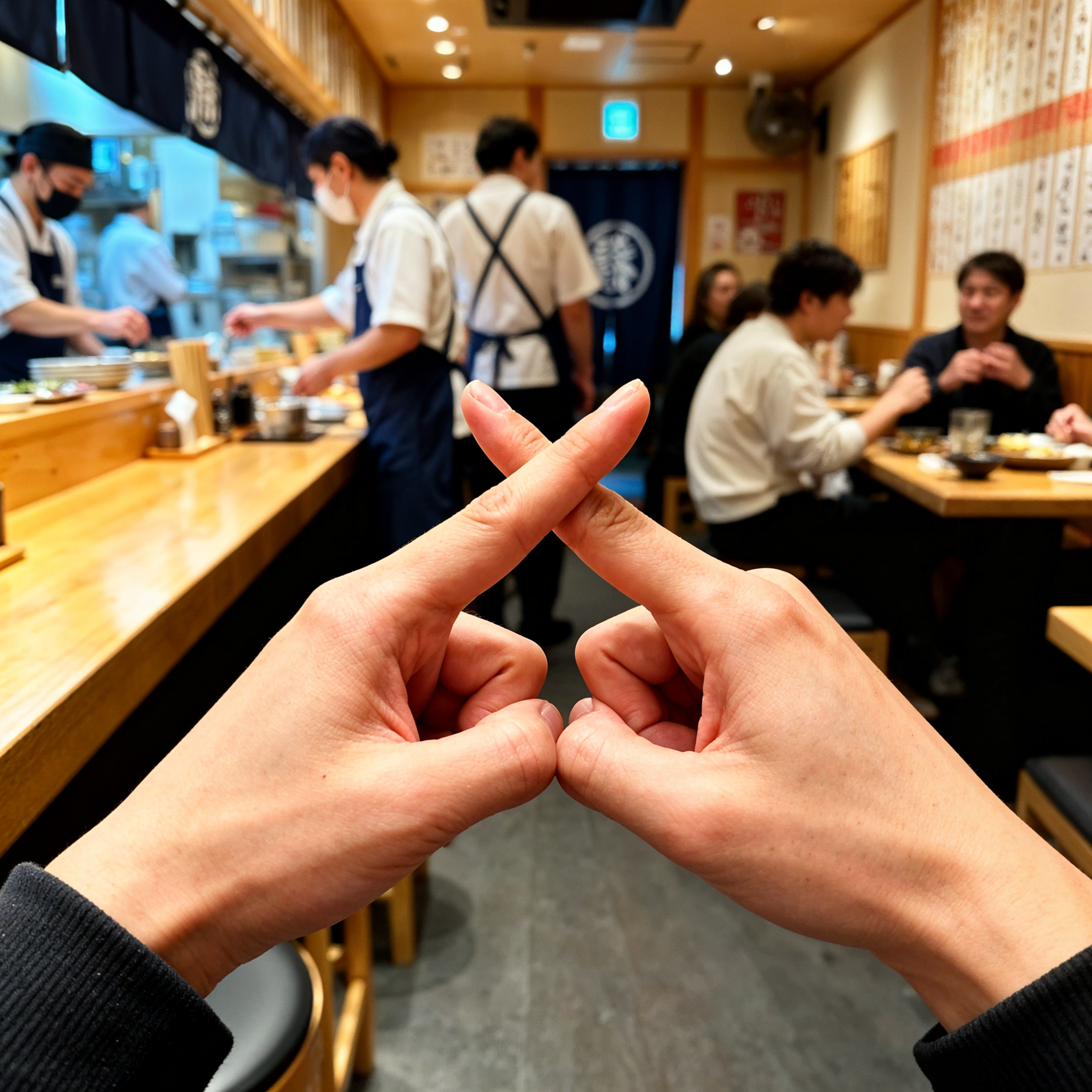 A close-up photograph of a person's hands making an "X" shape by crossing their two index fingers in a Japanese izakaya restaurant. This is a gesture requesting the bill. The background is a slightly blurred izakaya interior with staff and other customers. Natural, candid style, focusing on the hands gesture.