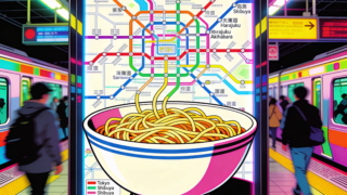 A complex, colorful Tokyo subway map resembling a bowl of spaghetti. Numerous train lines crisscrossing with Japanese and English station names. The map is displayed on a large illuminated sign inside a busy train station. Chaotic but visually striking.
