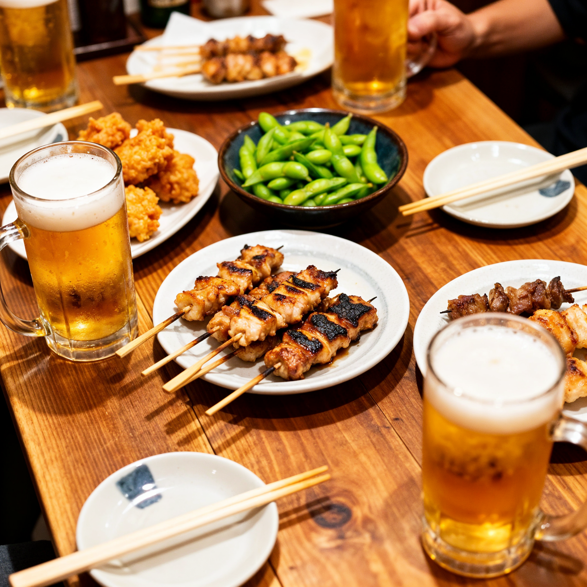 A top-down food photography shot of a wooden table in a busy Japanese izakaya, filled with various shared plates. There are skewers of yakitori, a plate of crispy fried chicken (karaage), a bowl of steamed edamame, and several half-full glasses of draft beer. Chopsticks and small serving plates are scattered around. Warm, lively, communal atmosphere.