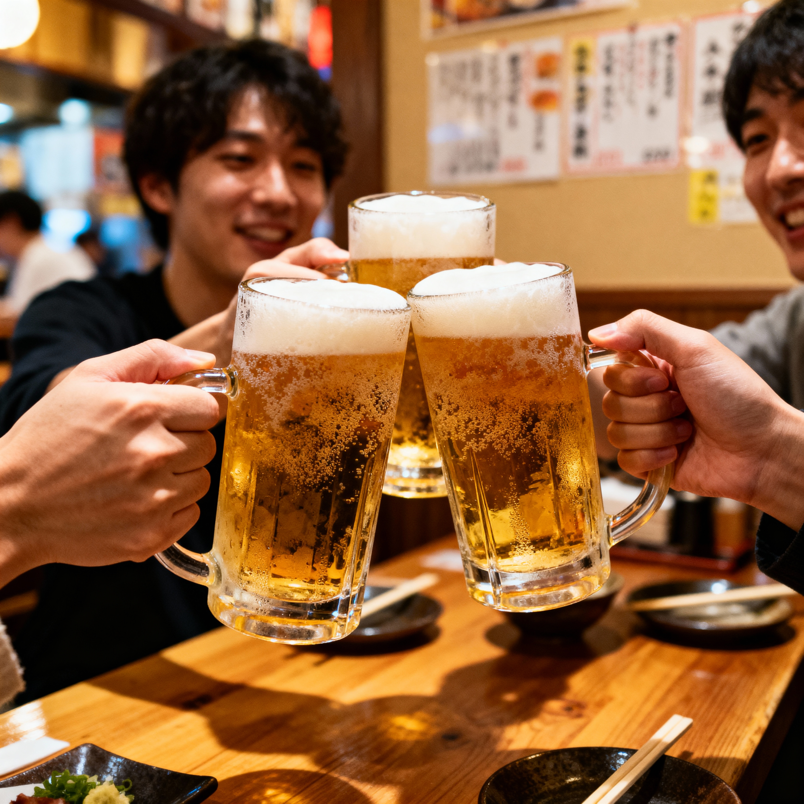 Close-up action shot of a group of friends clinking frosty glass mugs of draft beer together in a "Kanpai" toast. The beer has rich foam. Background is a blurred, lively Japanese izakaya interior with wooden tables and menus on the wall. Warm and energetic atmosphere.