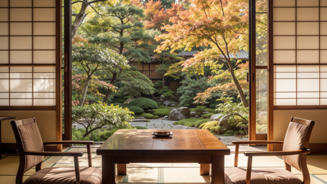 Interior photography of a luxurious traditional Japanese Ryokan room. Tatami mats on the floor, a low wooden table with zaisu chairs. Sliding paper doors (shoji) are open, revealing a stunning, peaceful Japanese garden with autumn leaves or greenery. Soft natural light, serene atmosphere. High resolution.