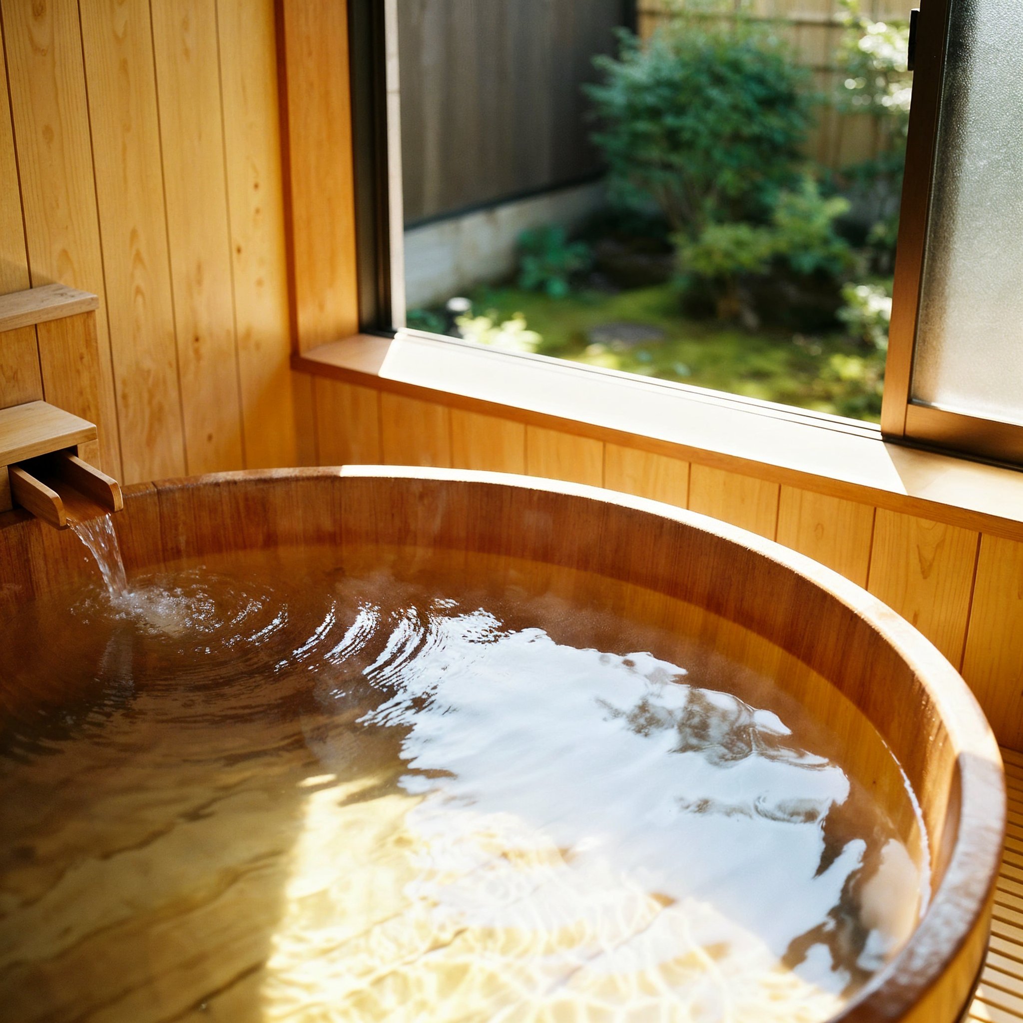 Interior photography of a private rental Onsen room (Kashikiri-buro). A beautiful wooden circular bathtub filled with hot water. A large window overlooks a small private garden. Warm lighting, cozy and intimate atmosphere, suitable for couples or families.
