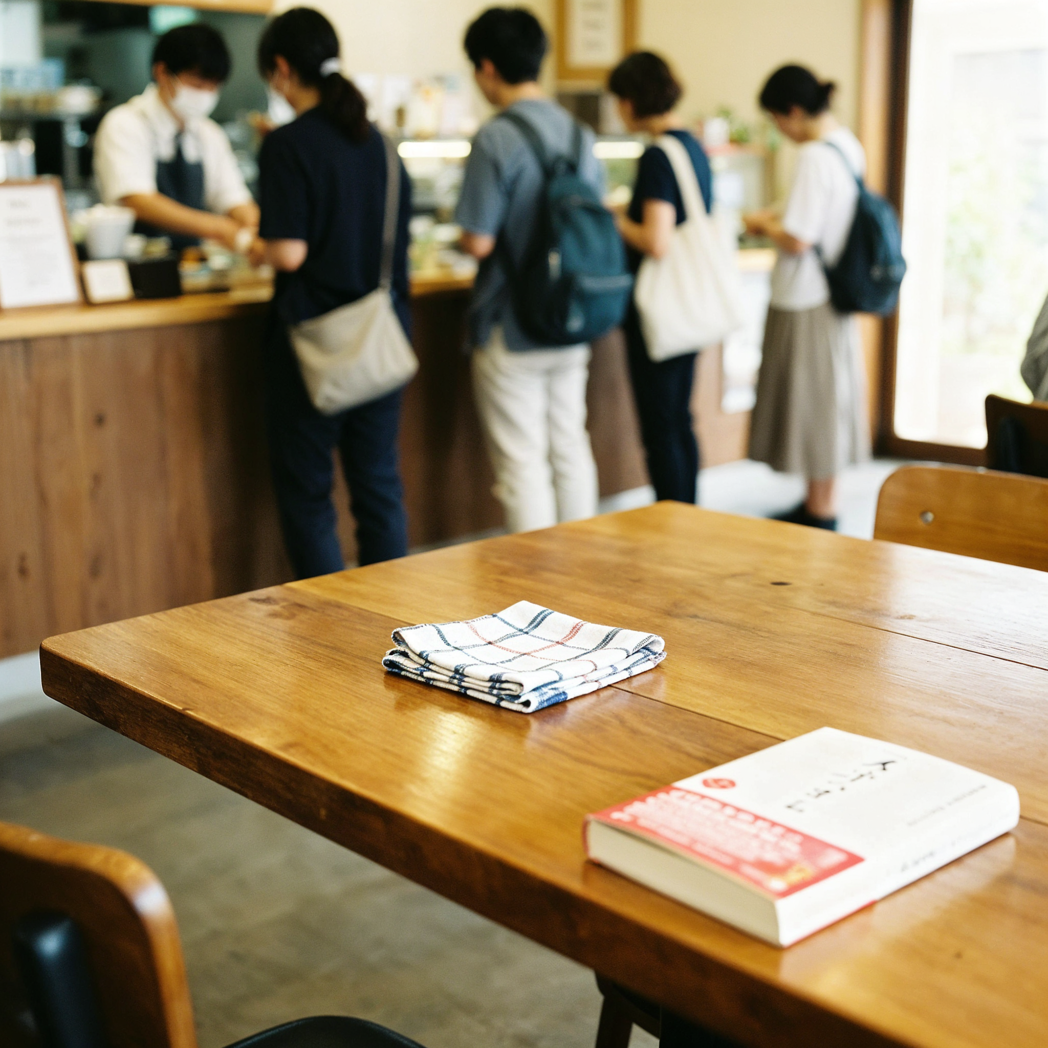 A photography shot of a cafe table in Japan used to reserve a seat. A folded handkerchief and a paperback book are placed on the wooden table as markers. No expensive items like phones or laptops. In the background, people are queuing at the counter to order. Realistic everyday scene.