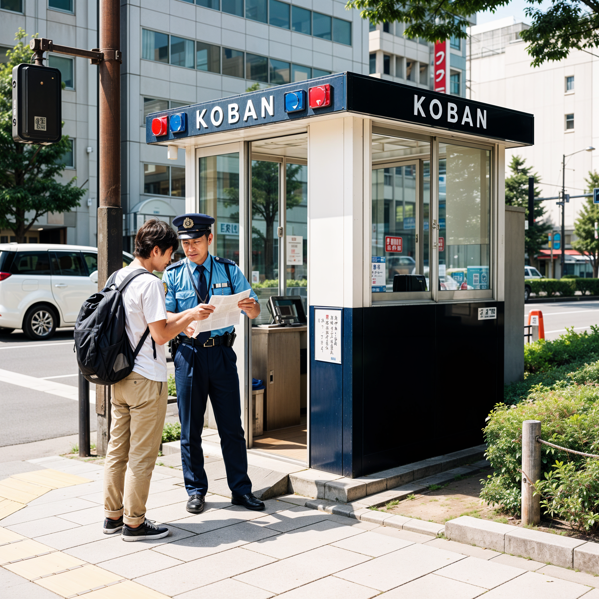 A photography shot of a Japanese police box (Koban) on a city street corner. A friendly Japanese police officer in uniform is standing near the entrance, helping a tourist with directions. The sign says "KOBAN". Clean, safe, and welcoming atmosphere. Daylight.
