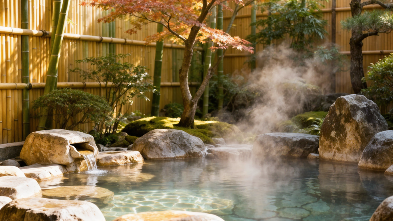 A serene landscape photography shot of an empty Japanese outdoor hot spring (Rotenburo) made of natural rocks. Steam rising gently from the clear water. Surrounded by a Japanese garden with bamboo and maple trees. Soft, relaxing daylight. No people.