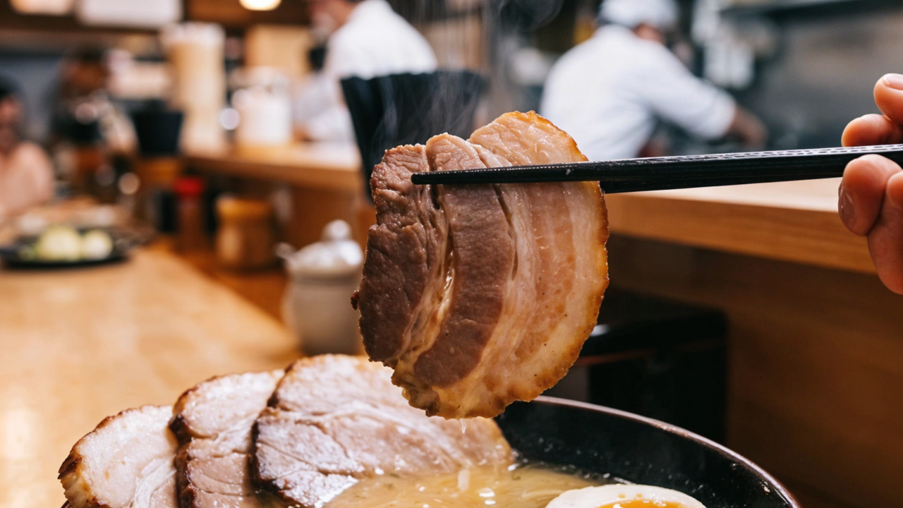 Close-up food photography of a delicious bowl of Japanese Ramen (Tonkotsu broth) on a wooden counter. Toppings include roast pork (Chashu), a soft-boiled egg, and green onions. Steam is rising from the hot soup. Warm, appetizing lighting. Blurred background of a busy Ramen shop kitchen.