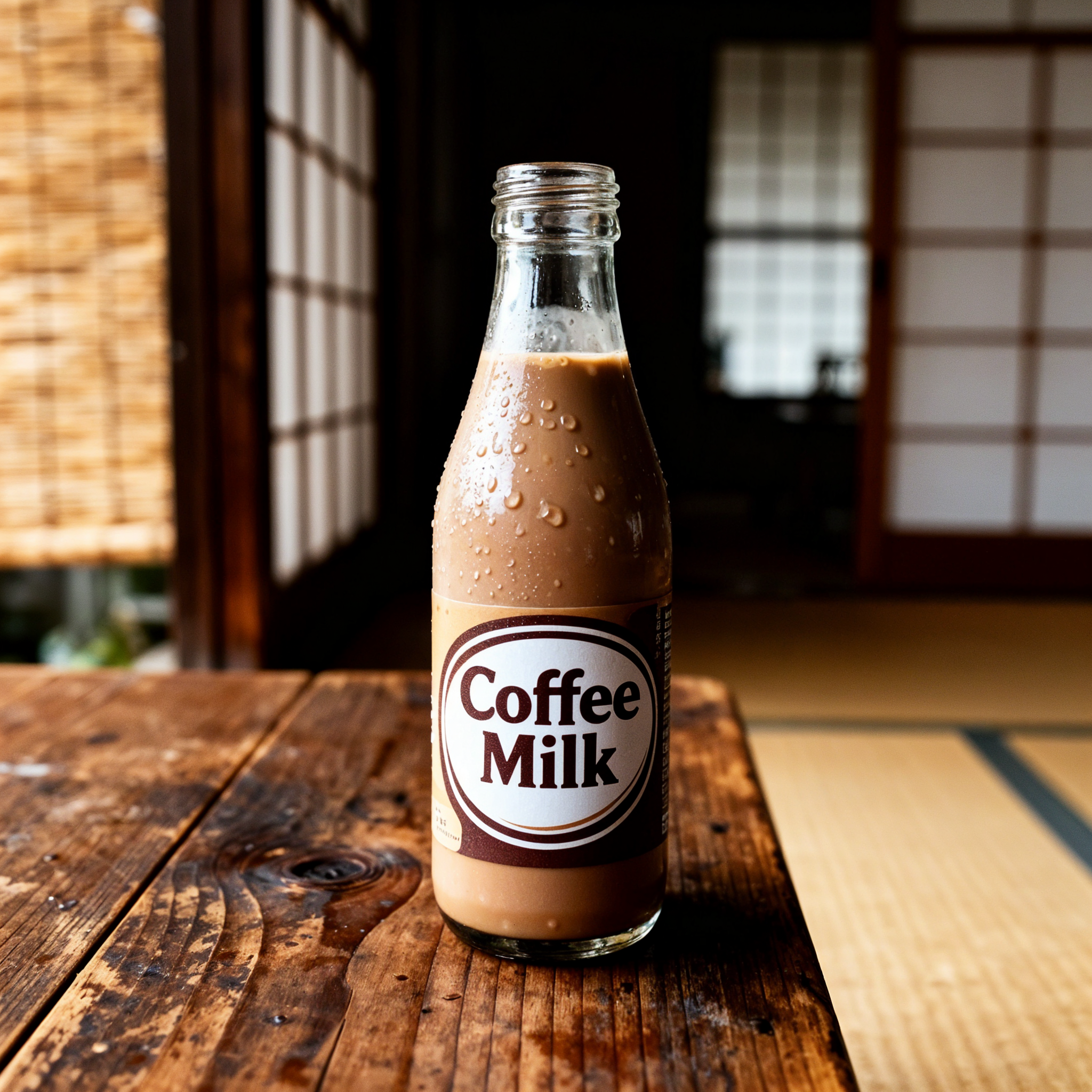 Close-up product photography of a glass bottle of Japanese "Coffee Milk" sitting on a wooden table. Condensation droplets on the cold glass. The liquid is a creamy brown color. Background is a blurred Japanese Tatami room or rest area. Retro and nostalgic feeling.