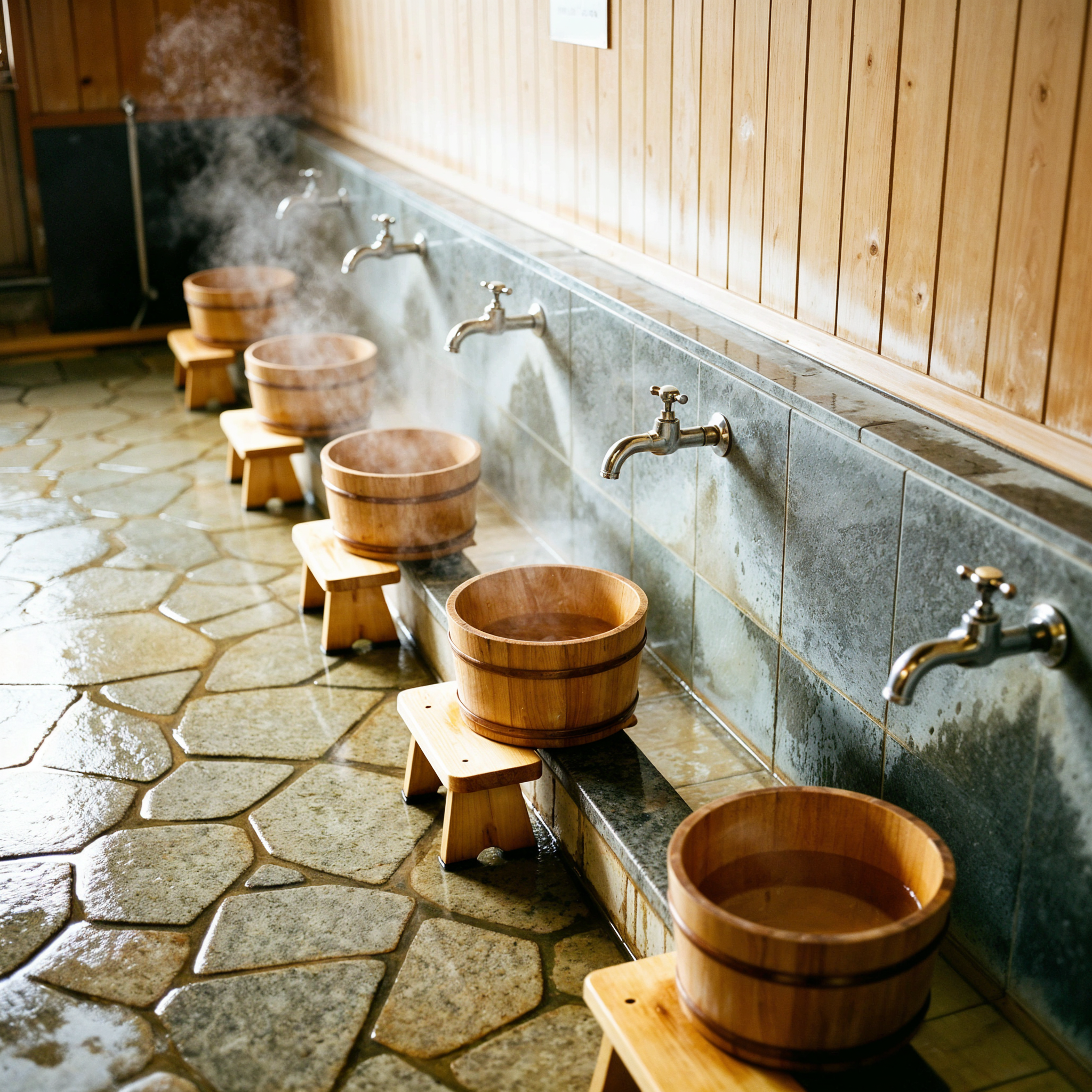 Interior photography of the washing area in a Japanese Onsen. A row of low faucets along the wall. In front of each faucet is a traditional wooden bucket and a small wooden stool. The floor is tiled stone. Warm steam in the air, clean and traditional atmosphere. No people.