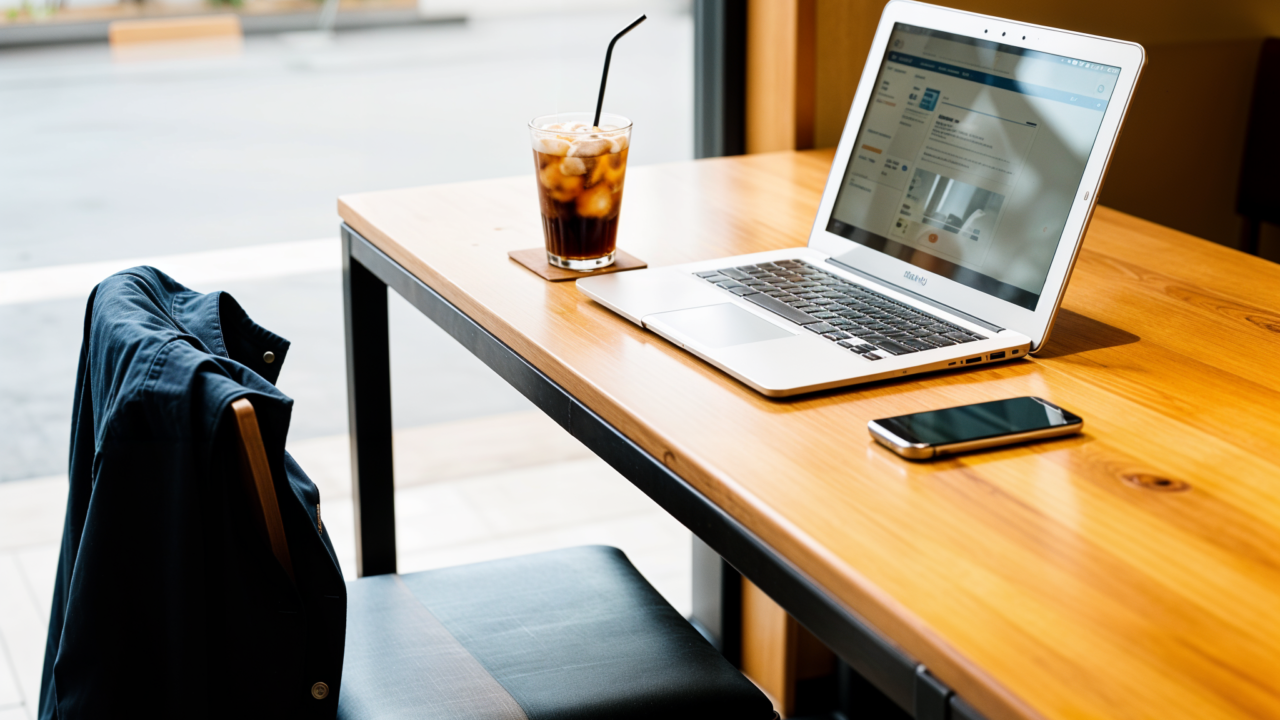 Photography of a table in a stylish Tokyo cafe. A laptop, a smartphone, and an iced coffee are left unattended on the wooden table. A jacket hangs on the chair. No one is sitting there. Background shows a blurred, peaceful cafe interior. Concept of safety and trust.