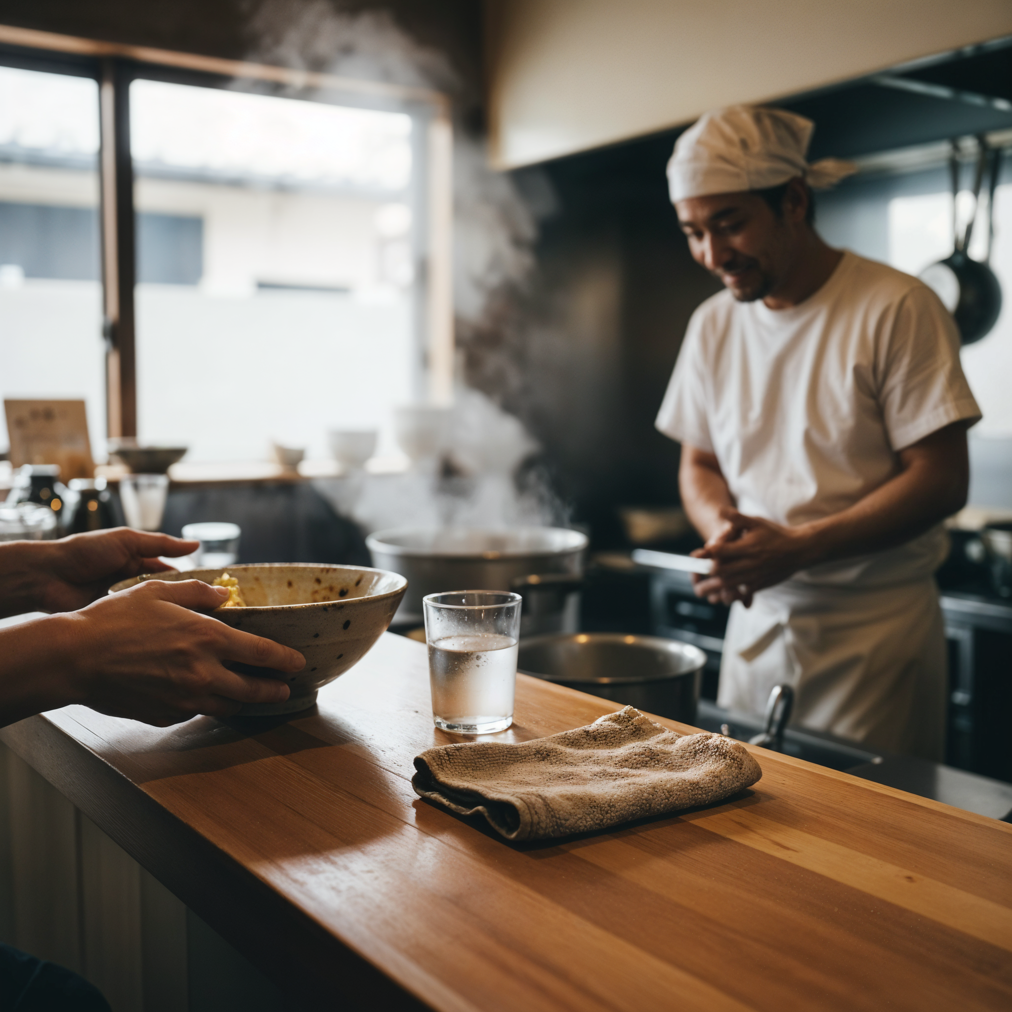 A photography shot from a customer's perspective inside a Ramen shop. The customer is placing an empty ramen bowl and a glass onto the upper ledge of the wooden counter. A cleaning cloth is visible on the table. In the blurred background, a chef in the kitchen is bowing or smiling. Atmosphere of gratitude and finishing a meal.